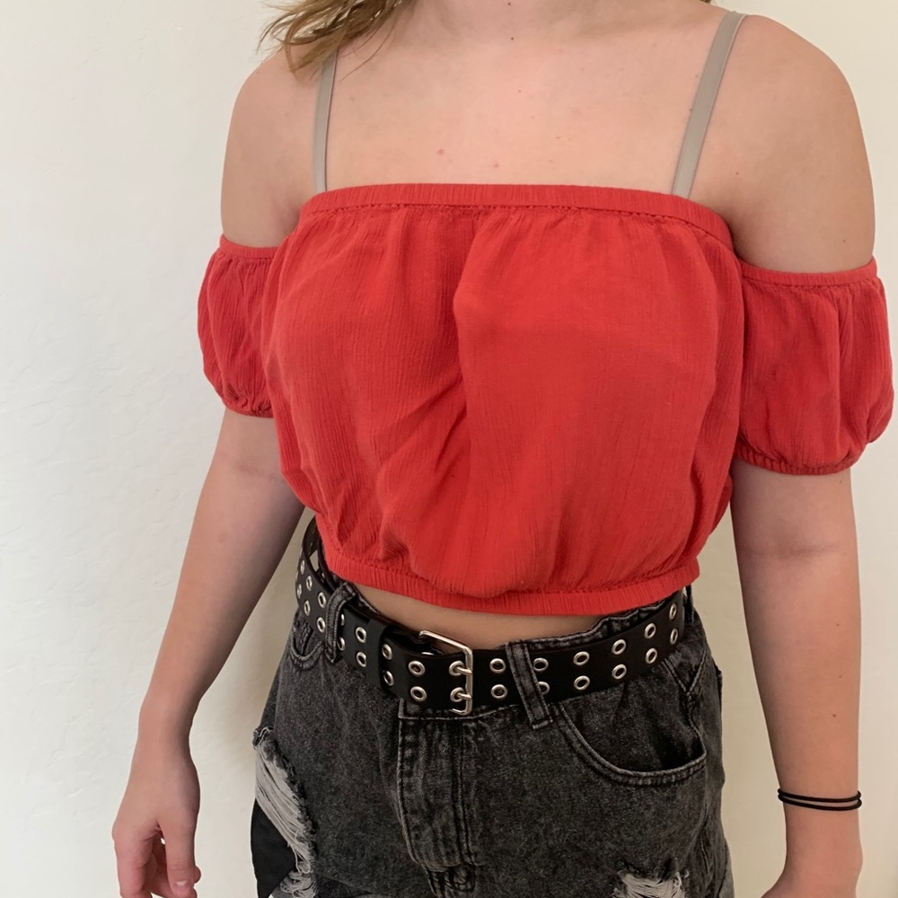 orangeish red crop top, off the shoulder